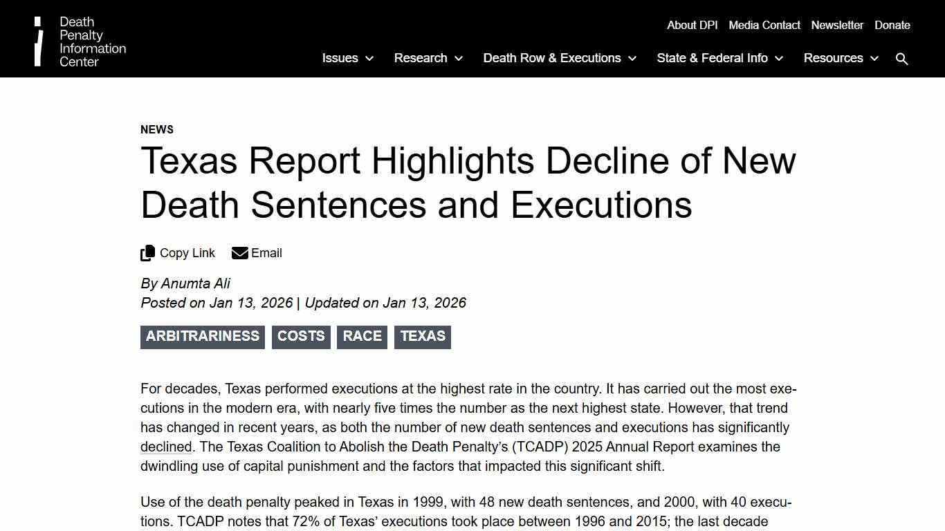 Texas Report Highlights Decline of New Death Sentences and Executions | Death Penalty Information Center